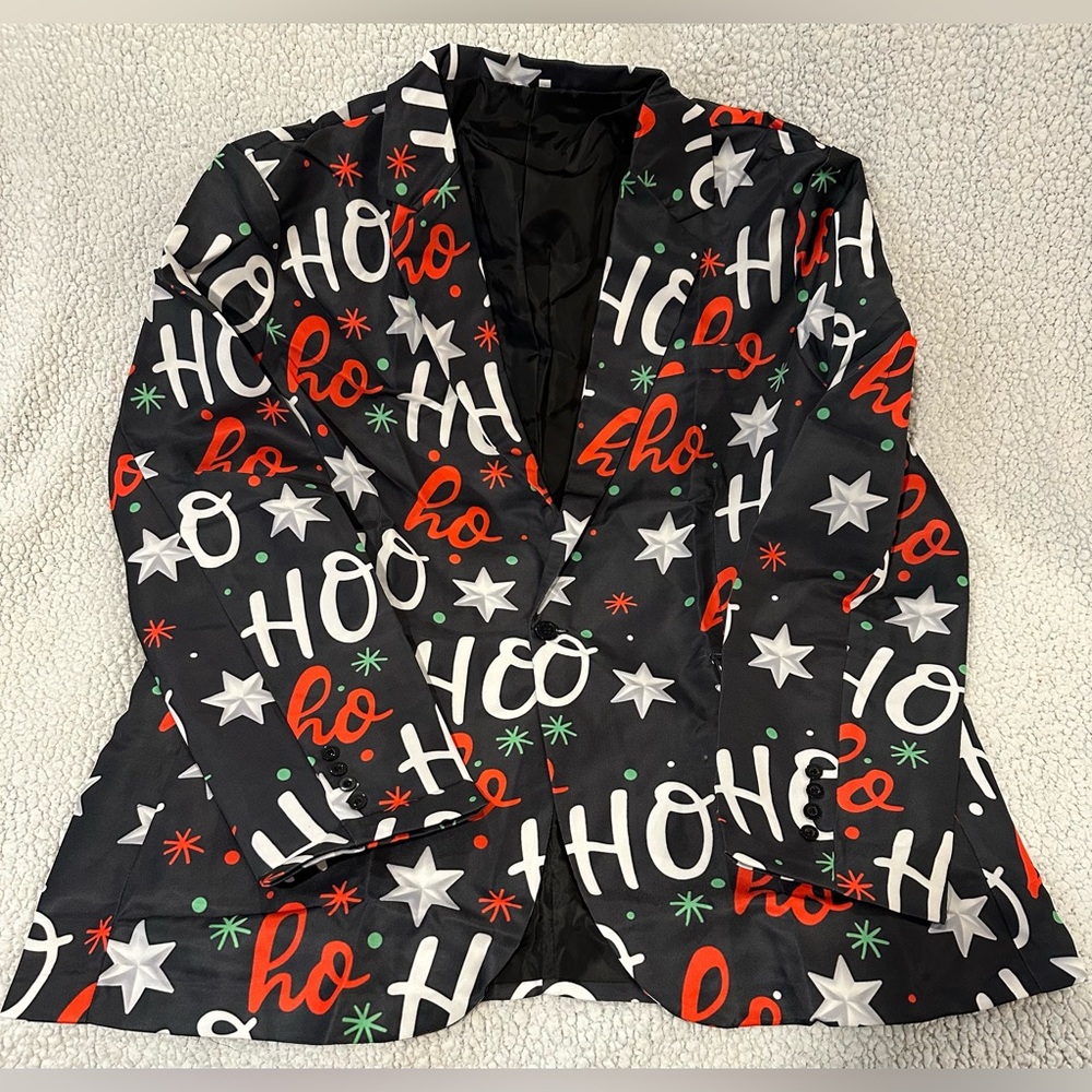Festive Black Blazer with Holiday Print